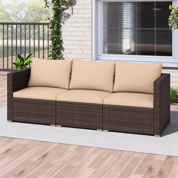 Three-piece patio sectional sofa set in brown PE rattan with beige cushions, ideal for outdoor relaxation.