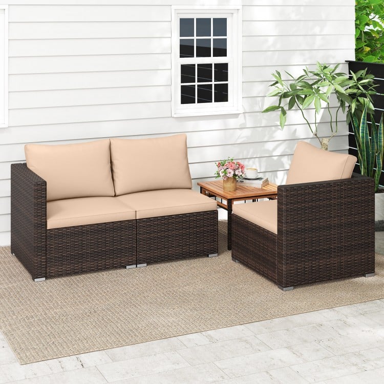 3-piece patio sectional sofa set with beige cushions, hand-woven PE rattan, ideal for outdoor relaxation.