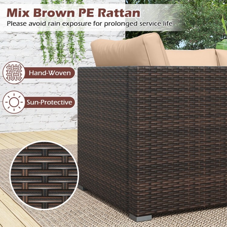Hand-woven mix brown PE rattan sectional sofa set with beige cushions, ideal for patio and outdoor relaxation.