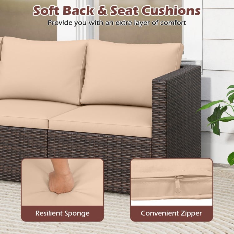 Close-up of beige cushion on a 3-piece patio sectional sofa set, featuring a convenient zipper for easy cleaning.