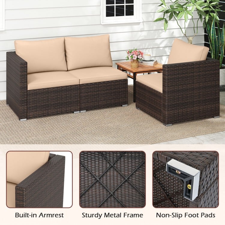 3-piece patio sectional sofa set with beige cushions, built-in armrests, and sturdy PE rattan for outdoor relaxation.