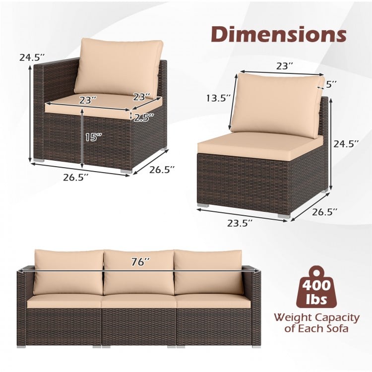 Dimensions of the 3 Pieces Patio Sectional Sofa Set with soft beige cushions, featuring PE rattan and sturdy metal.