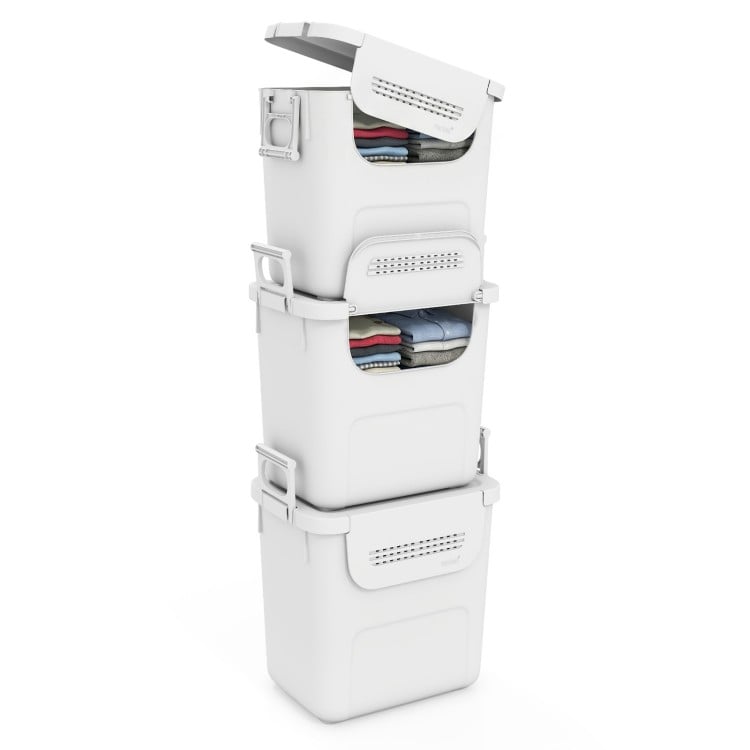 Stackable white plastic storage bins with front door and side handles, ideal for versatile home organization.