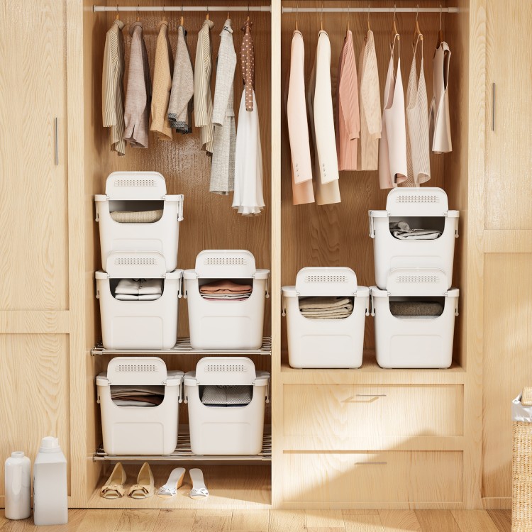 Stackable white plastic storage bins with front doors and side handles, ideal for versatile home organization.