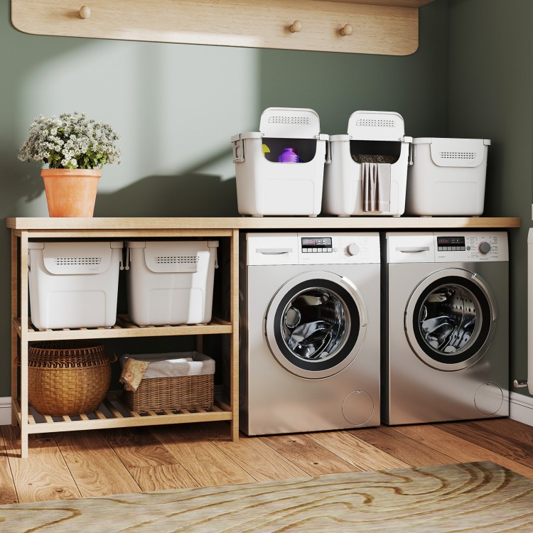 Stackable white plastic storage bins with front doors and side handles, ideal for home organization and easy access.