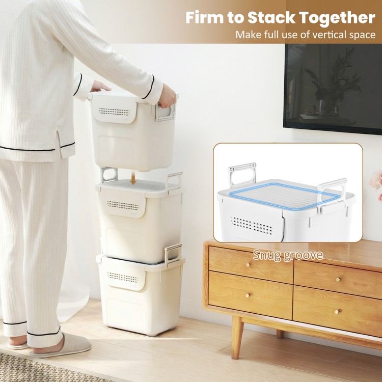 Single stackable white plastic storage bin with front flap door and side handles, lightweight and waterproof for easy.