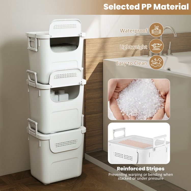Stackable white plastic storage bins with front door, 32 QT capacity, lightweight and waterproof for versatile home.