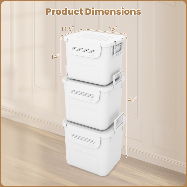 Stacked white plastic storage bins with front door and side handles, 32 QT capacity each for versatile home.