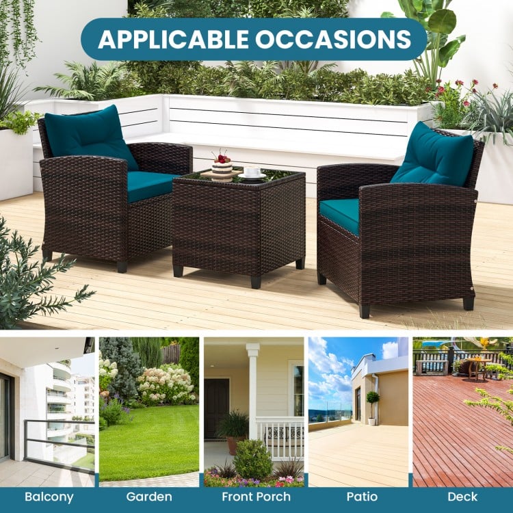 3-piece rattan patio furniture set with peacock blue cushions, ideal for outdoor spaces like patios and gardens.