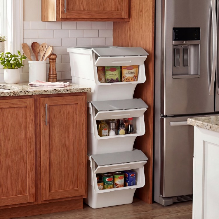 Stackable gray storage bins with stay-open lids, featuring wheels for easy mobility, ideal for kitchen organization.