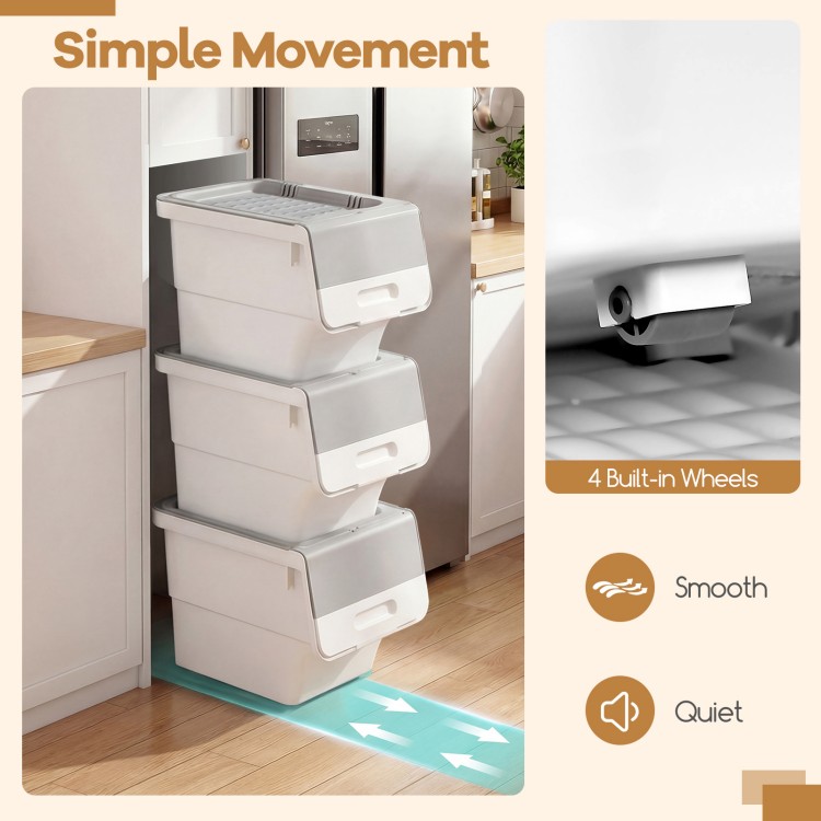Stackable gray storage bins with stay-open lids and 4 wheels for easy mobility, perfect for organizing kitchens and.