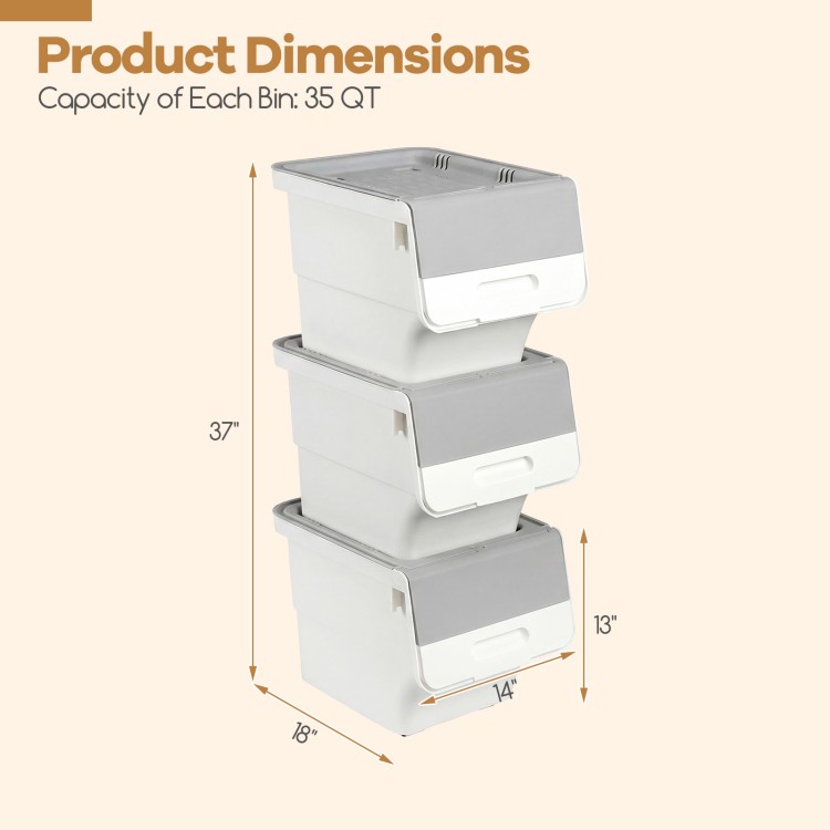 Stackable gray plastic storage bins with stay-open lids, 35 QT capacity each, ideal for organizing kitchens and closets.
