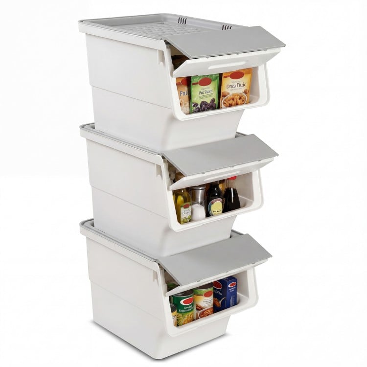 Stackable gray storage bins with stay-open lids, featuring 12.5 QT capacity and wheels for easy mobility and.