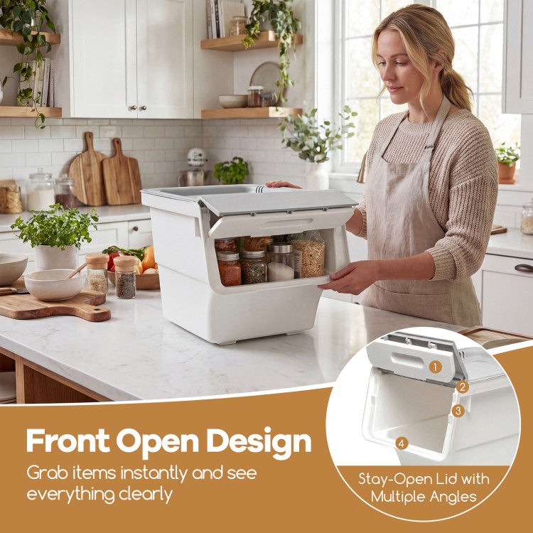 Stackable gray storage bin with stay-open lid, showcasing front access and wheels for easy mobility in kitchen.