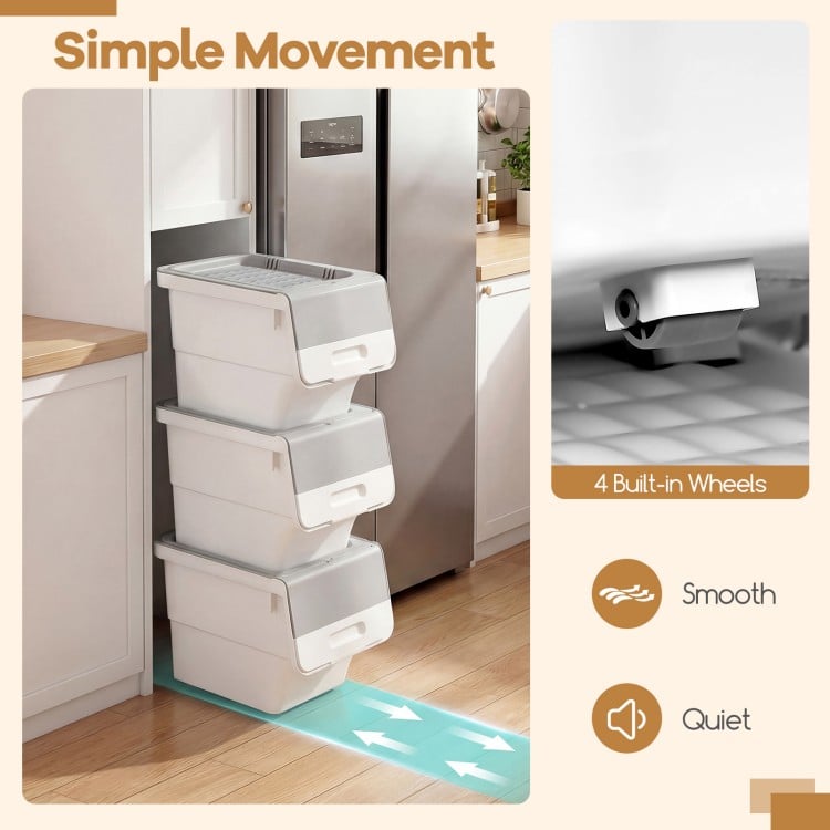 Stackable gray storage bins with wheels, featuring interlocking lids and 12.5 QT capacity, perfect for organized spaces.