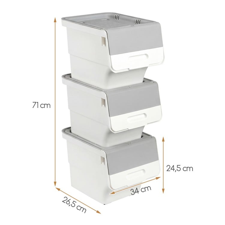 Stackable gray plastic storage bins on wheels, featuring stay-open lids and ventilation holes, ideal for organizing.