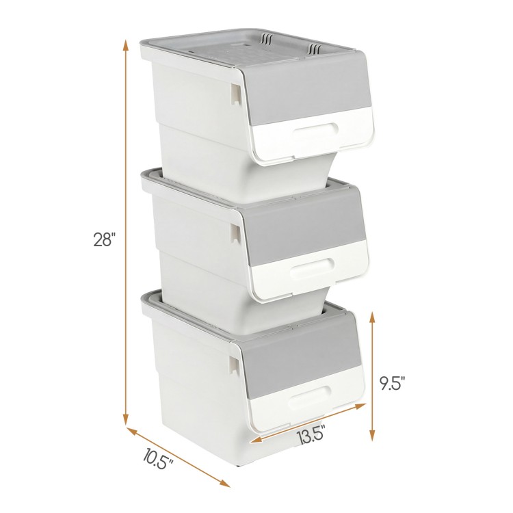 Stackable gray storage bins with wheels, featuring stay-open lids and a 12.5 QT capacity, ideal for organizing spaces.