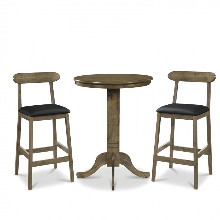 Round wood bar table set with pedestal base and two armless stools, featuring natural rubber wood and padded seats.