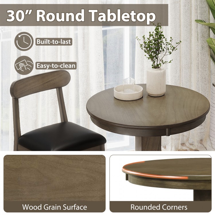 30” round tabletop with wood grain surface and rounded corners, part of a 3-piece wood bar table set for intimate.