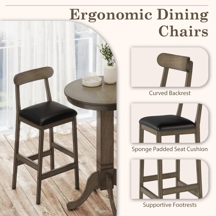 Wood bar table set with round pedestal base and two ergonomic stools featuring padded seats and curved backs for.