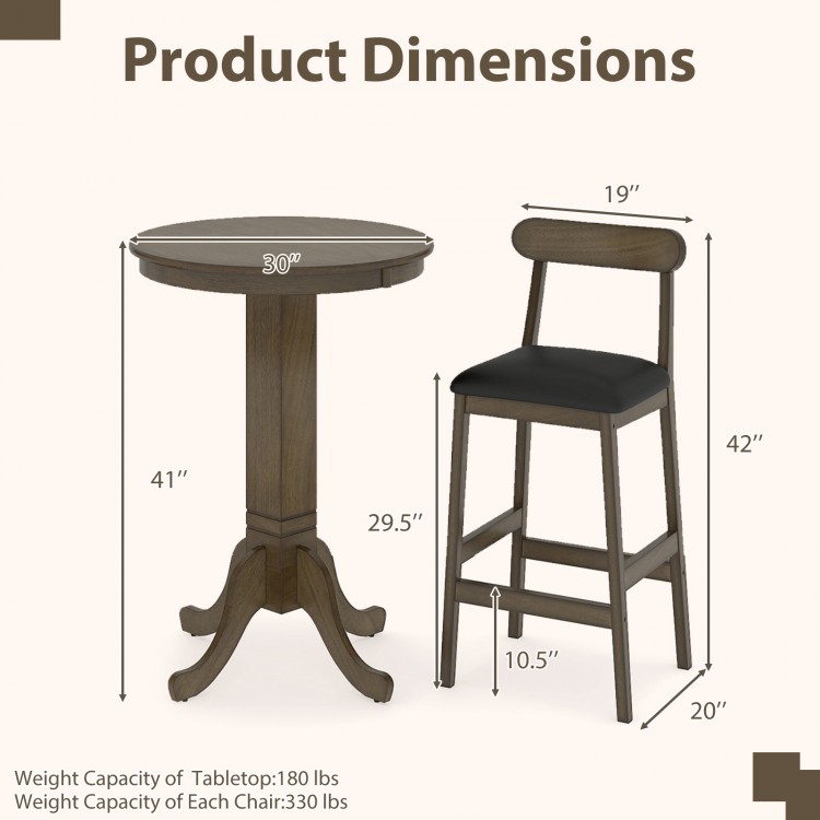 Round wood bar table with pedestal base and two armless stools, featuring natural rubber wood for durability and.