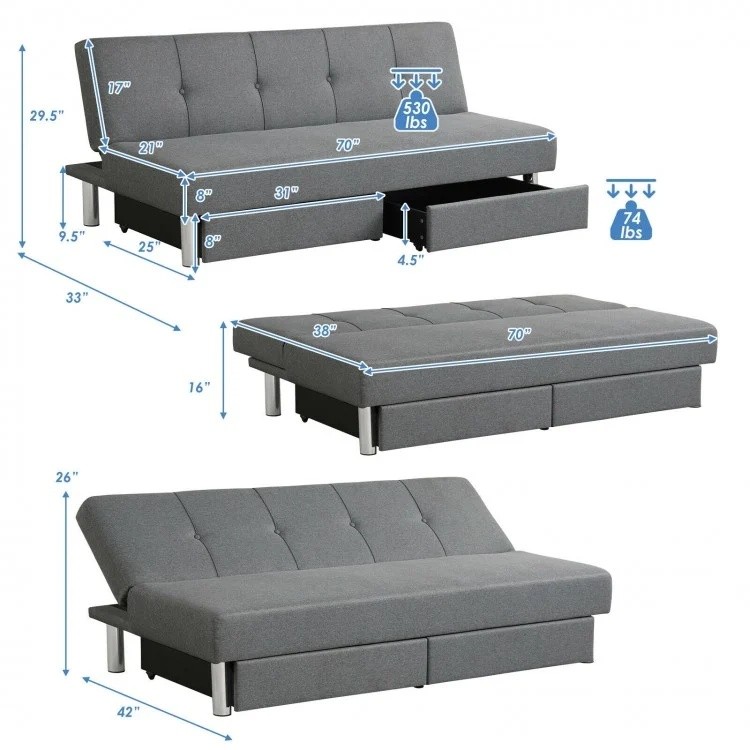 3-seat convertible sofa bed in gray with 2 large drawers, adjustable backrest angles, ideal for small apartments.