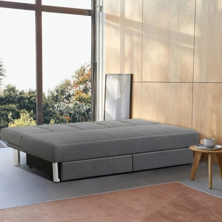 3-seat convertible sofa bed in gray with 2 large drawers, adjustable backrest angles for versatile comfort and.
