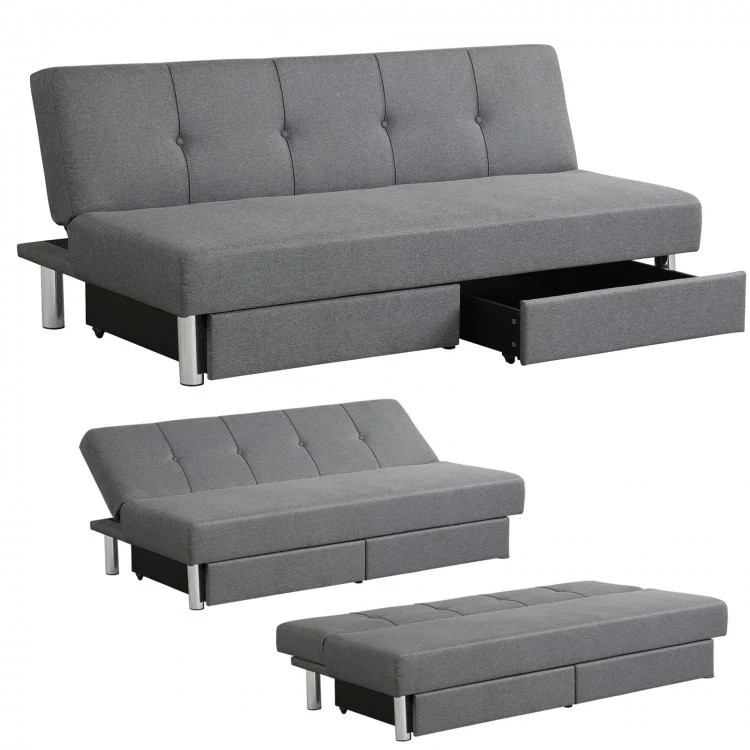 3-seat convertible sofa bed in gray with 2 large drawers and adjustable backrest angles for versatile comfort.