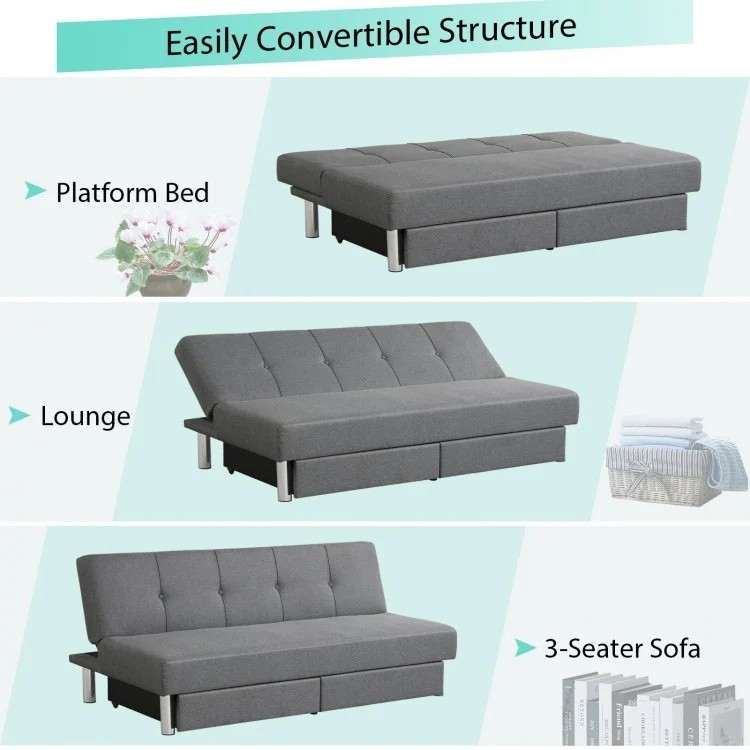 3-seat convertible sofa bed in gray with adjustable angles and large storage drawers for small apartments.