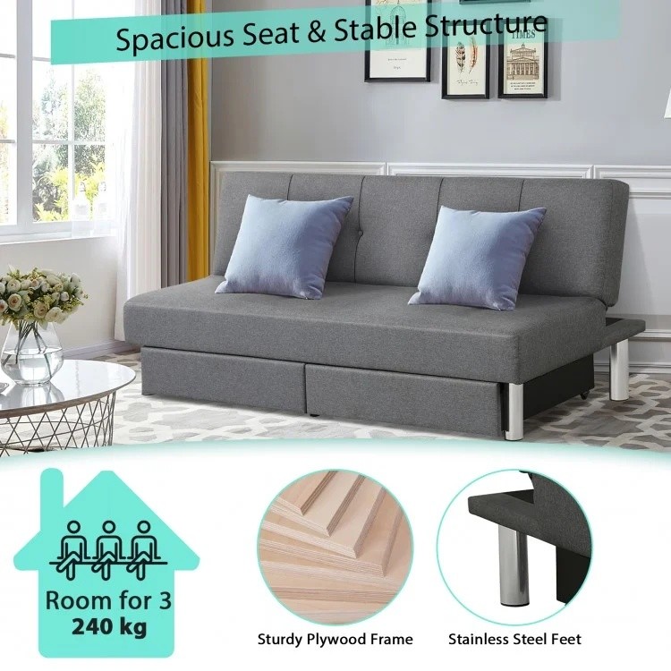 3-seat convertible sofa bed in gray with adjustable backrest, large drawers, and stainless steel legs for small spaces.