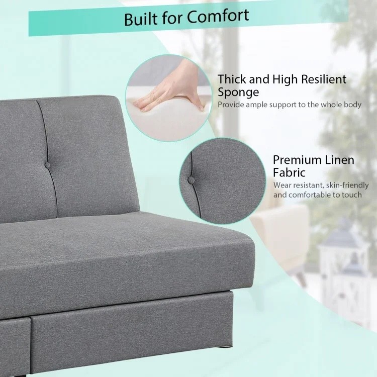 Close-up of the 3-seat convertible sofa bed showcasing premium linen fabric and thick sponge for ultimate comfort.