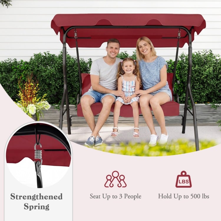 Three-seat outdoor patio canopy swing with cushioned steel frame, supporting up to 500 lbs for family relaxation.