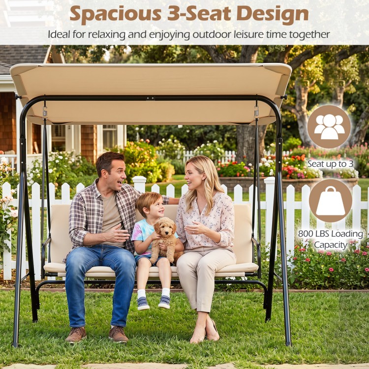 Spacious 3-seat patio swing chair with adjustable canopy, removable beige cushions, ideal for outdoor relaxation.