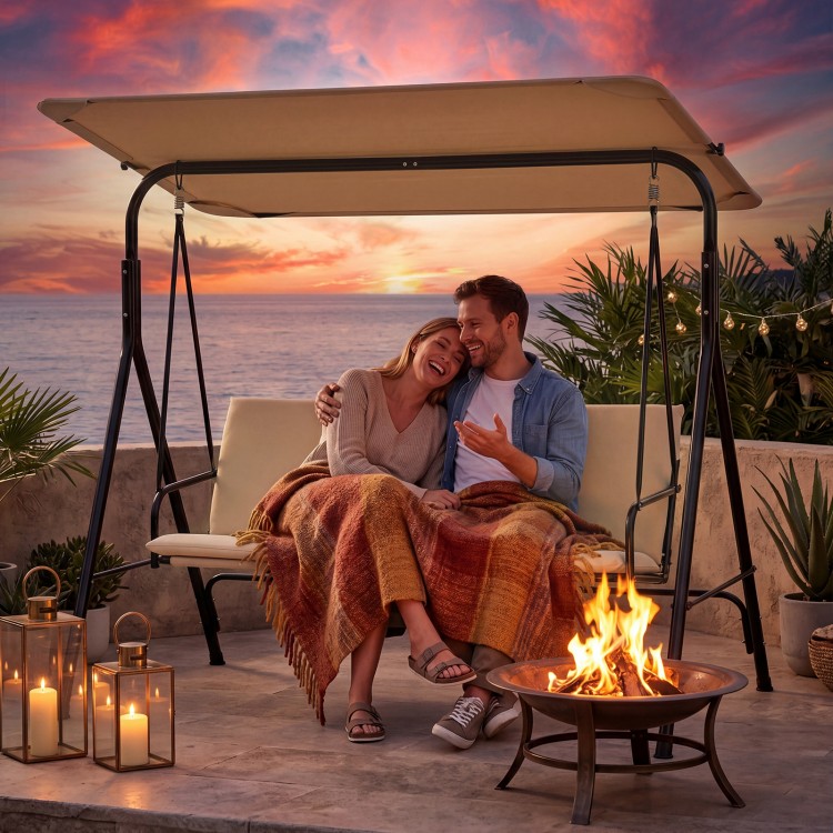 3-seat patio swing chair with adjustable canopy, beige cushions, perfect for outdoor lounging and relaxation.