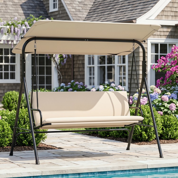 3-seat patio swing chair with adjustable beige canopy and removable cushions, perfect for outdoor lounging by the pool.