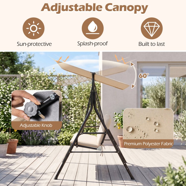 3-seat patio swing chair with adjustable canopy, beige cushions, and heavy-duty metal frame for outdoor lounging.