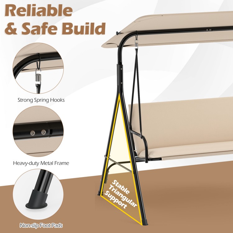 3-seat patio swing chair featuring a heavy-duty metal frame, adjustable canopy, and removable beige cushions for.