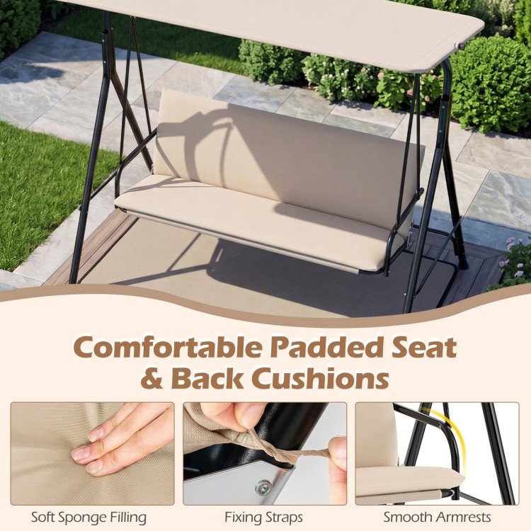 3-seat patio swing chair with beige removable cushions, adjustable canopy, and smooth armrests for comfortable outdoor.