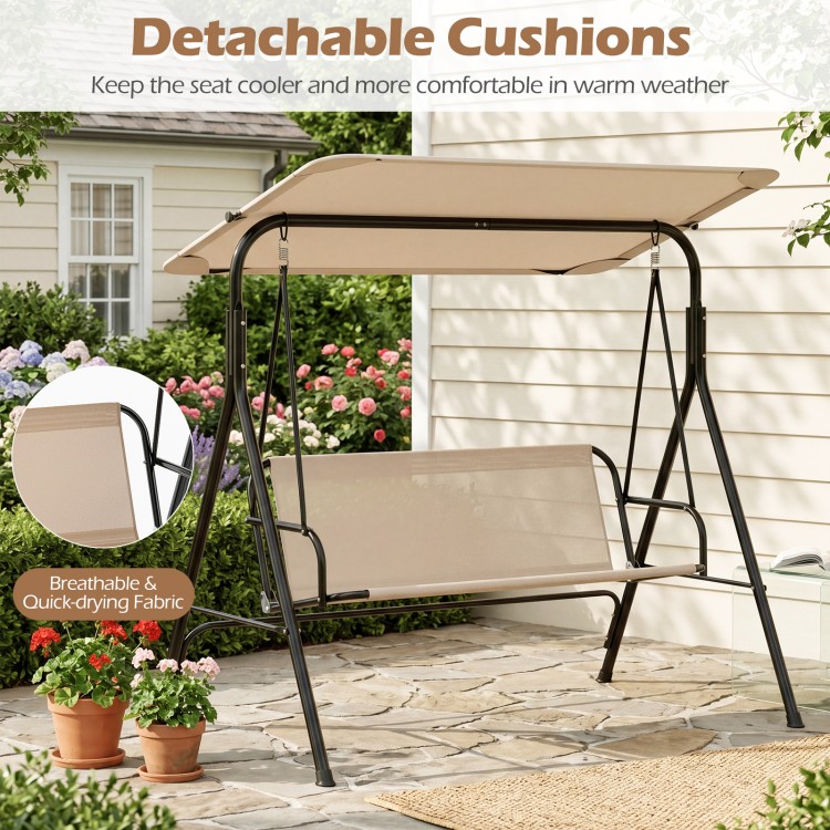 3-seat patio swing chair with adjustable canopy and removable beige cushions, perfect for outdoor lounging and comfort.
