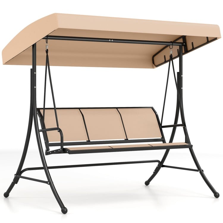 3-seat patio swing chair in beige with adjustable canopy, ergonomic backrest, and powder-coated metal frame for outdoor.