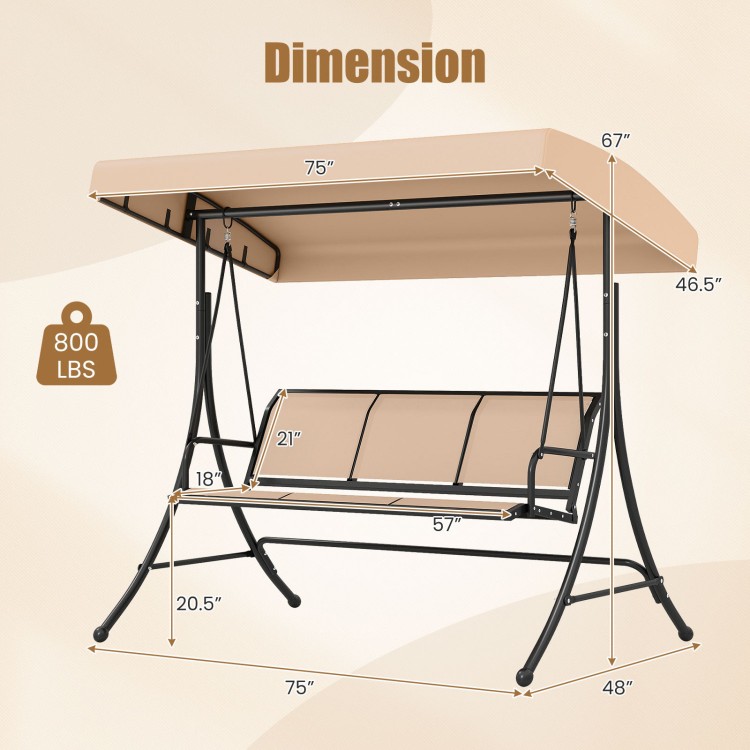 3-seat patio swing chair with adjustable beige canopy, ergonomic design, and durable powder-coated metal frame.