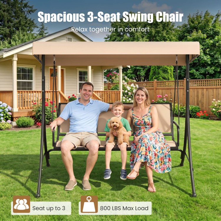 Spacious 3-seat patio swing chair with adjustable beige canopy, perfect for outdoor relaxation and comfort.