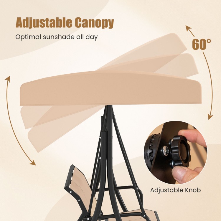 Adjustable canopy of the 3-seat patio swing chair in beige, providing optimal sunshade and comfort for outdoor.