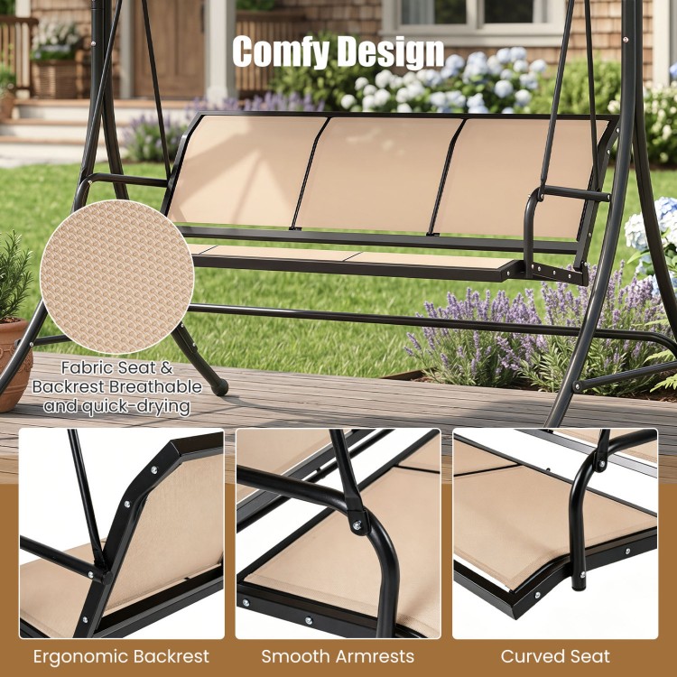 3-seat patio swing chair in beige with ergonomic backrest, curved seat, and adjustable canopy for optimal sunshade.