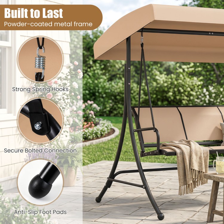 3-seat patio swing chair with adjustable beige canopy, featuring a powder-coated metal frame and anti-slip foot pads.