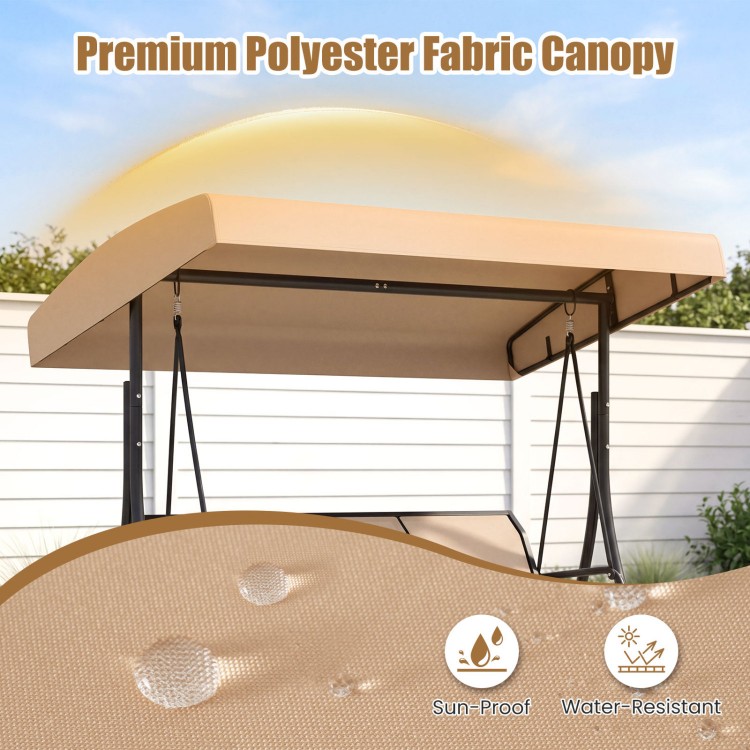 3-seat patio swing chair with adjustable beige canopy, made of sun-proof and waterproof polyester for outdoor comfort.