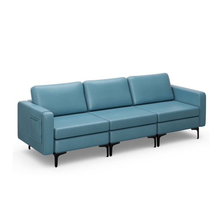 3-seat sectional sofa in blue with ergonomic design, metal legs, and armrest magazine pocket for living room comfort.