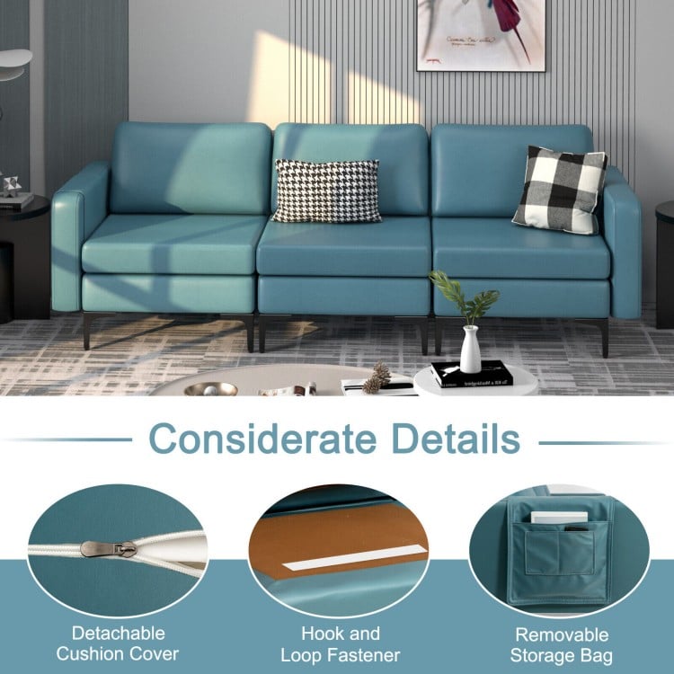 3-seat blue sectional sofa with removable cushion covers and armrest magazine pocket for living room convenience.