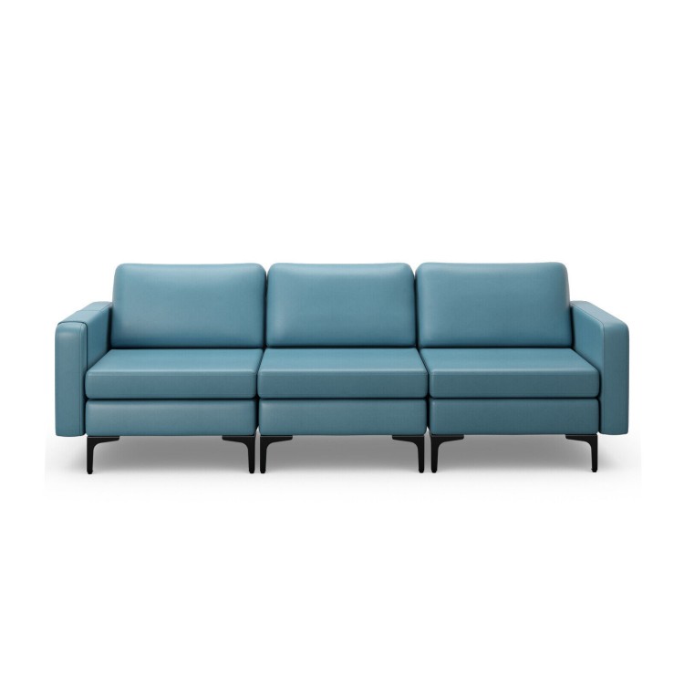 3-seat sectional sofa in blue with armrest magazine pocket and metal legs, designed for comfort and style in any space.