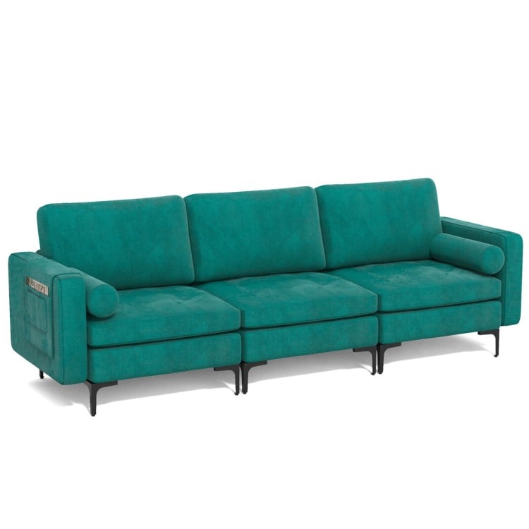 Peacock blue 3-seat sectional sofa with side storage pocket and metal legs, ideal for living room comfort and style.